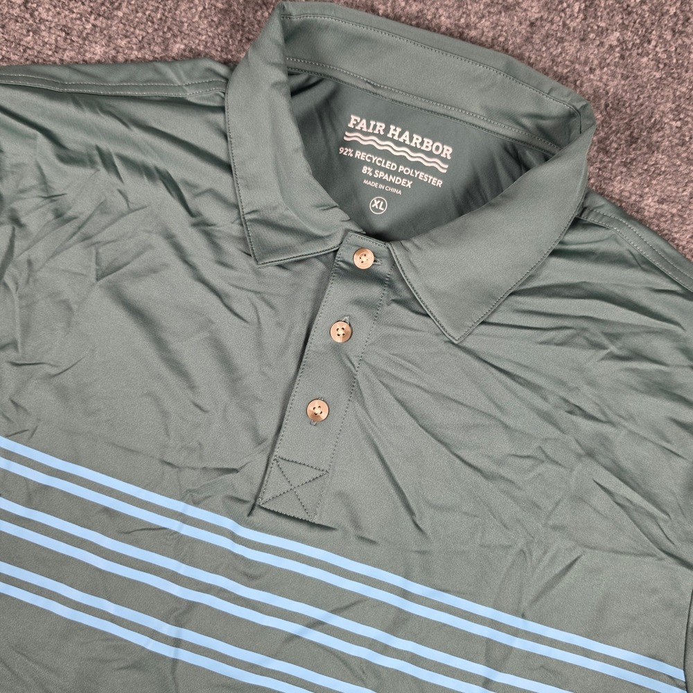 Fair Harbor Polo Shirt Mens XL Green Blue Striped Performance Short‎ Sleeve